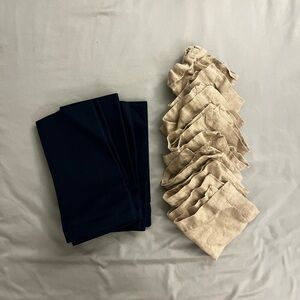 Set of Navy Blue Cloth Dinner Napkins + Natural Linen Cocktail Napkins